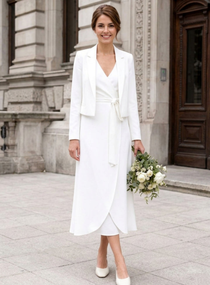 A-Line/Princess V-Neck Chiffon Wedding Dresses with Jacket Long Sleeves Tea-Length Belt
