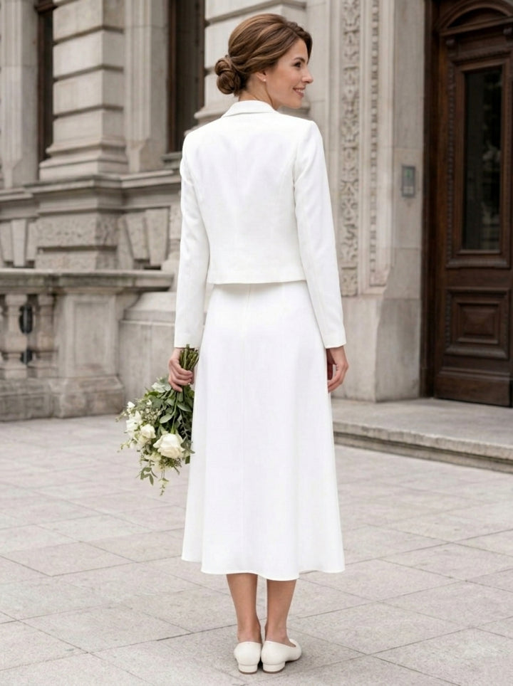 A-Line/Princess V-Neck Chiffon Wedding Dresses with Jacket Long Sleeves Tea-Length Belt