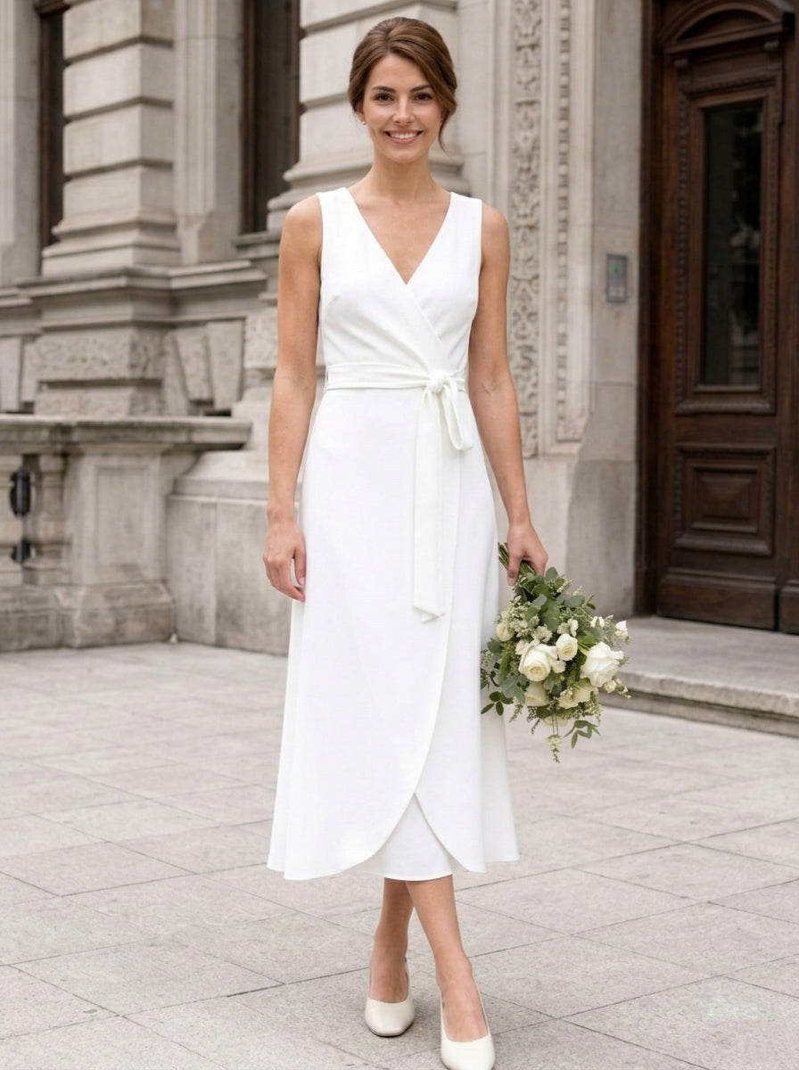 A-Line/Princess V-Neck Chiffon Wedding Dresses with Jacket Long Sleeves Tea-Length Belt