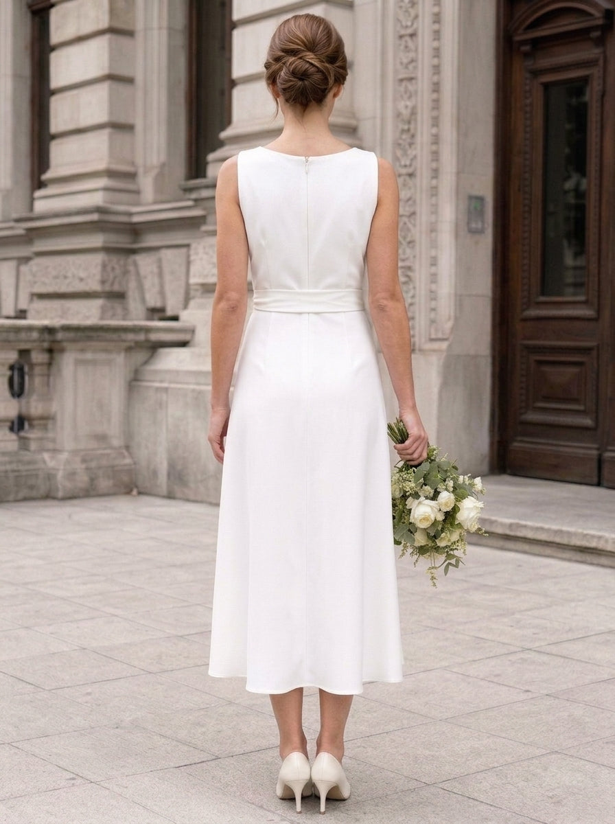 A-Line/Princess V-Neck Chiffon Wedding Dresses with Jacket Long Sleeves Tea-Length Belt
