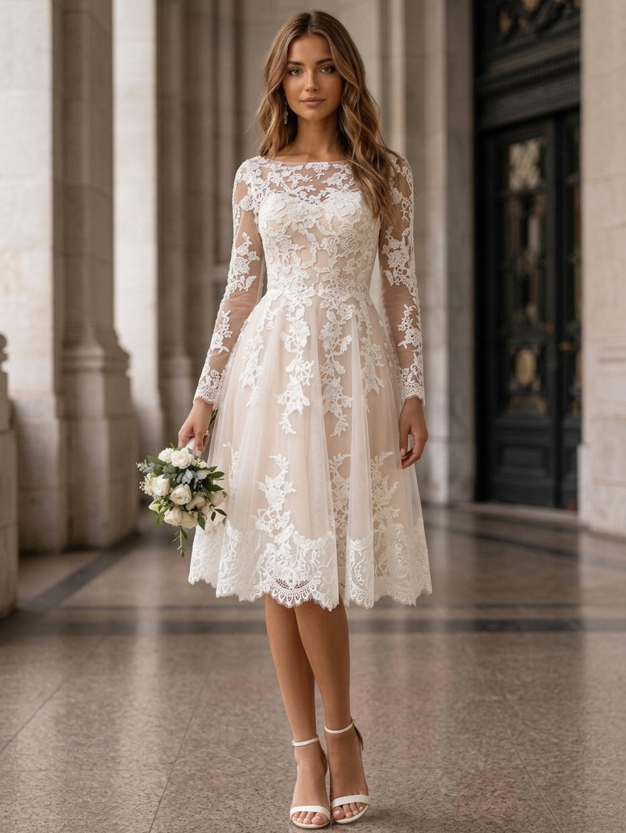 A-Line/Princess Boat Neck Lace Floral Wedding Dresses Long Sleeves Knee-Length
