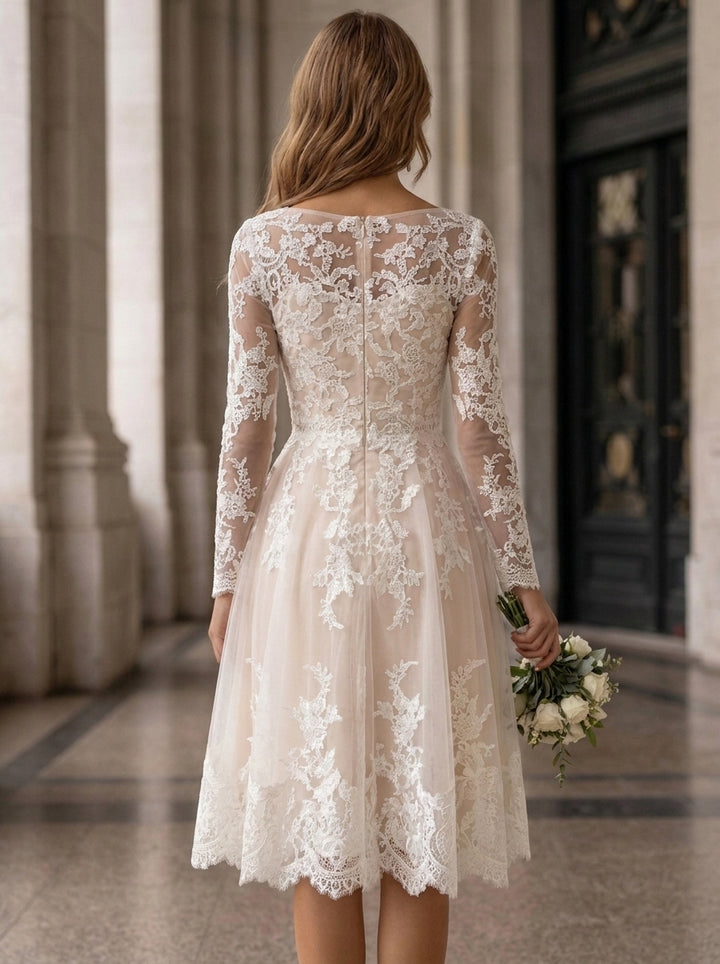 A-Line/Princess Boat Neck Lace Floral Wedding Dresses Long Sleeves Knee-Length