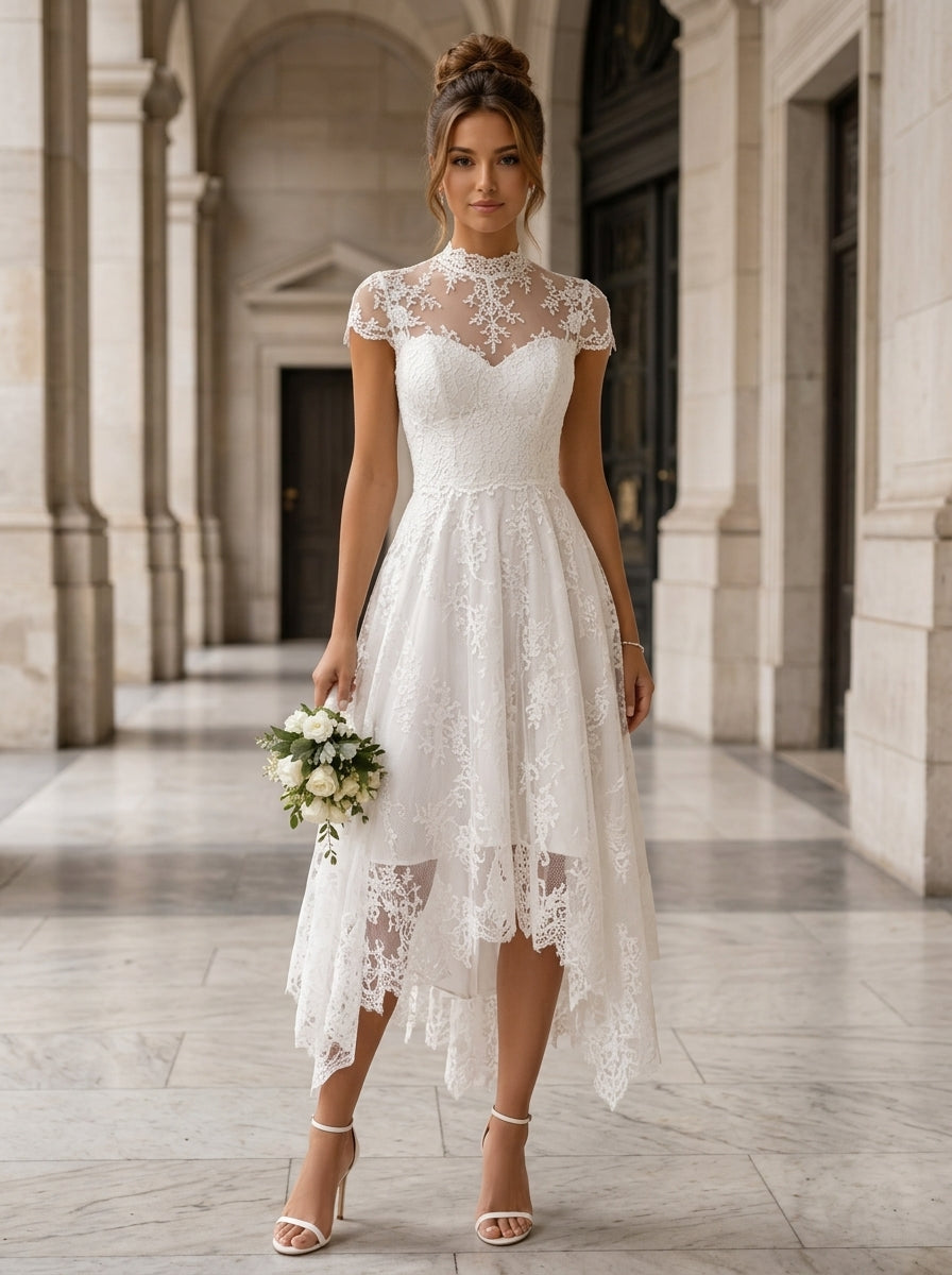 A-Line/Princess Mock Neck Lace Wedding Dresses Short Sleeves Asymmetrical Tea-Length Floral