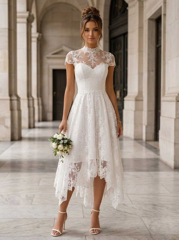 A-Line/Princess Mock Neck Lace Wedding Dresses Short Sleeves Asymmetrical Tea-Length Floral