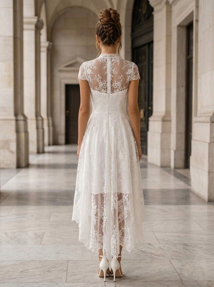 A-Line/Princess Mock Neck Lace Wedding Dresses Short Sleeves Asymmetrical Tea-Length Floral