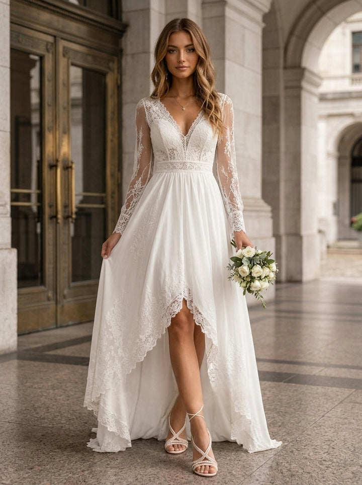 A-Line/Princess V-Neck Lace Floral Wedding Dresses Long Sleeves High-Low Floor-Length Sweep Train