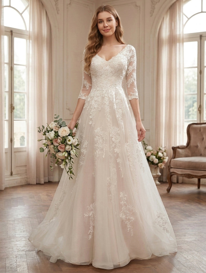 A-Line/Princess V-Neck Lace Floral Wedding Dresses 3/4 Sleeves Floor-Length