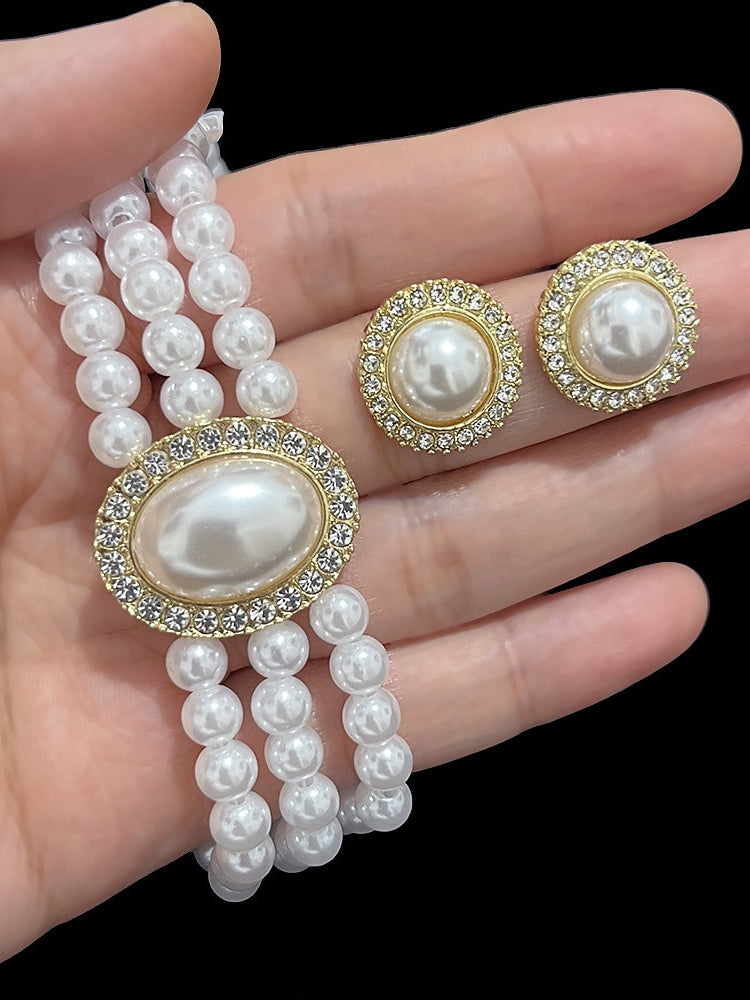 1 set Imitation Pearl Rhinestone Jewelry Earrings Necklace For Women's Wedding Gemstone Pendant Necklace Set