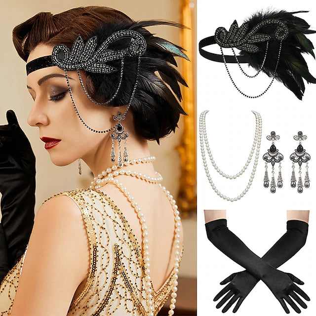 Headband Feather Accessories Set for Women 4 PCS Faux Pearl Necklace Gloves Earrings