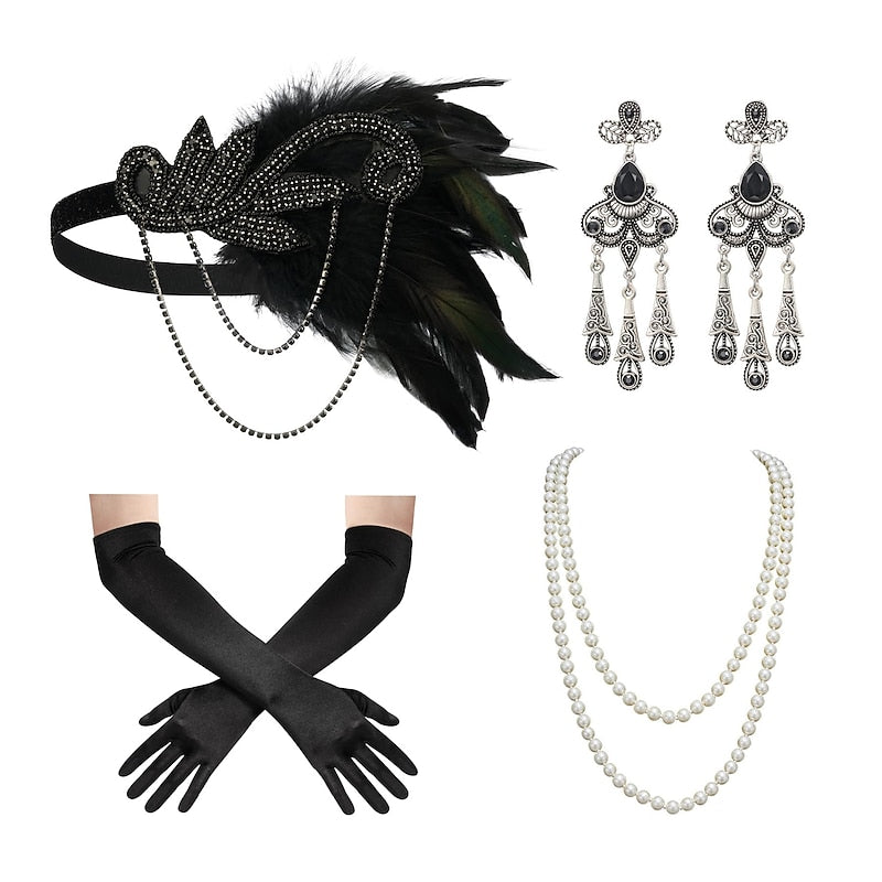 Headband Feather Accessories Set for Women 4 PCS Faux Pearl Necklace Gloves Earrings