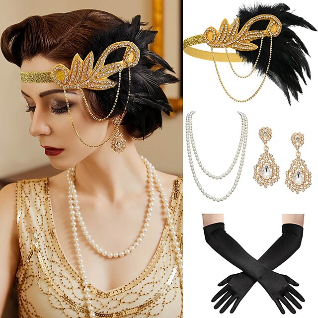 Headband Feather Accessories Set for Women 4 PCS Faux Pearl Necklace Gloves Earrings