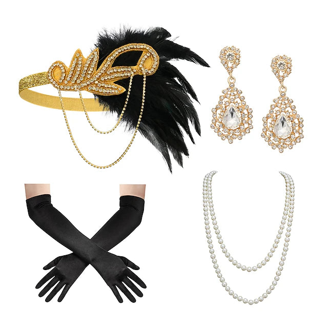 Headband Feather Accessories Set for Women 4 PCS Faux Pearl Necklace Gloves Earrings