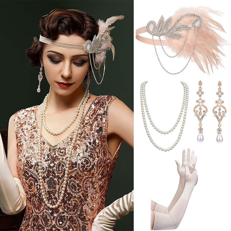 Headband Feather Accessories Set for Women 4 PCS Faux Pearl Necklace Gloves Earrings