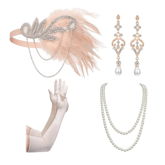 Headband Feather Accessories Set for Women 4 PCS Faux Pearl Necklace Gloves Earrings