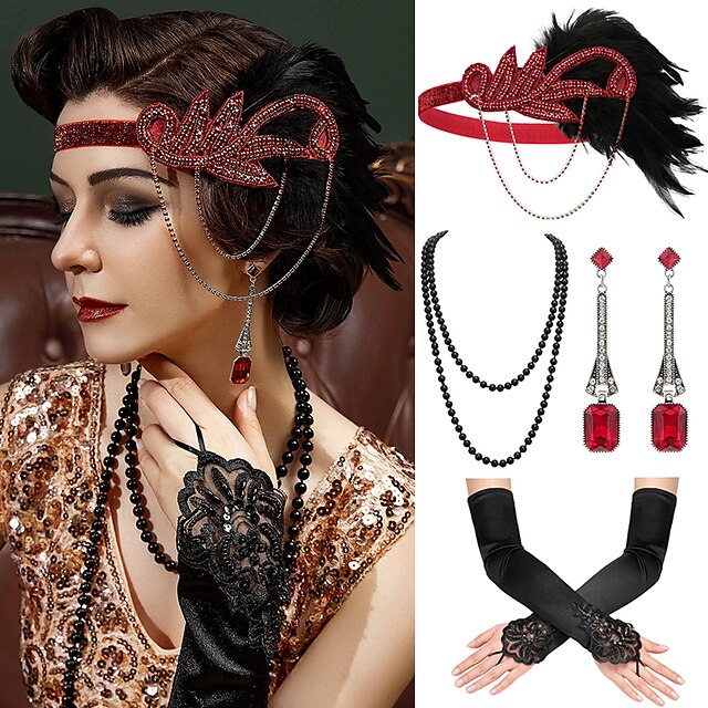 Headband Feather Accessories Set for Women 4 PCS Faux Pearl Necklace Gloves Earrings