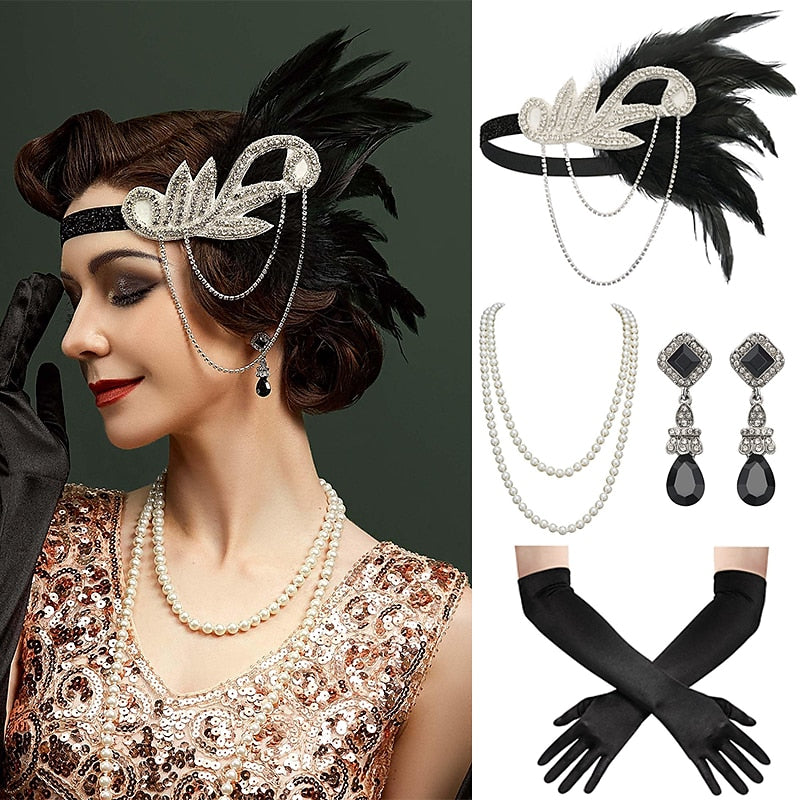 Headband Feather Accessories Set for Women 4 PCS Faux Pearl Necklace Gloves Earrings