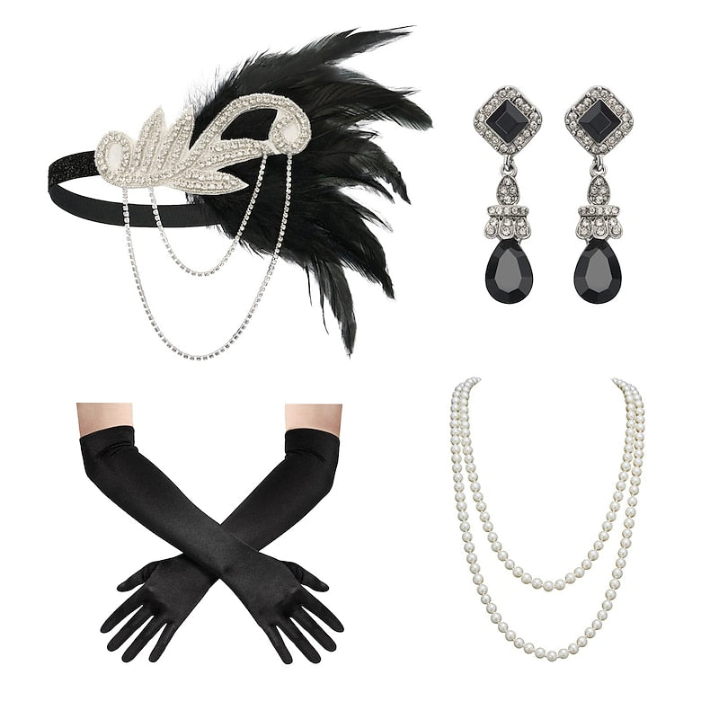 Headband Feather Accessories Set for Women 4 PCS Faux Pearl Necklace Gloves Earrings