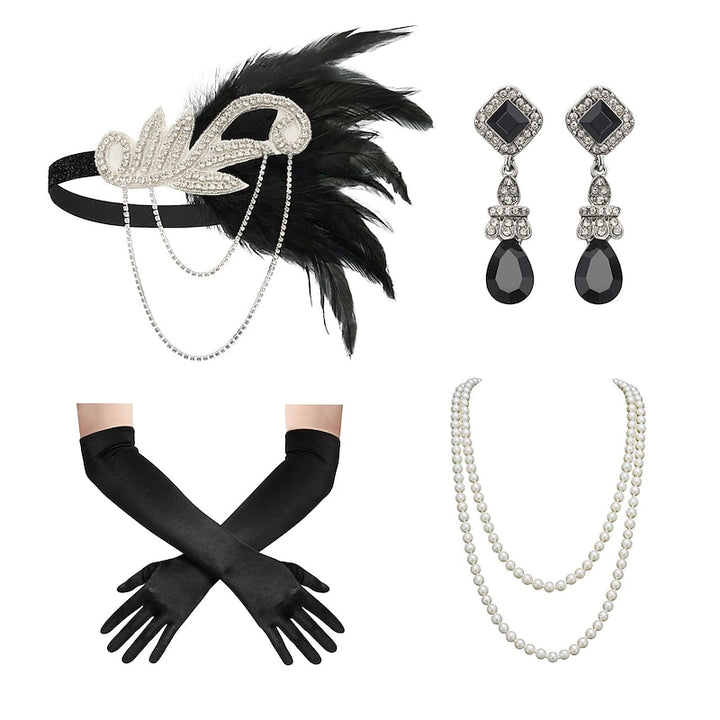 Headband Feather Accessories Set for Women 4 PCS Faux Pearl Necklace Gloves Earrings