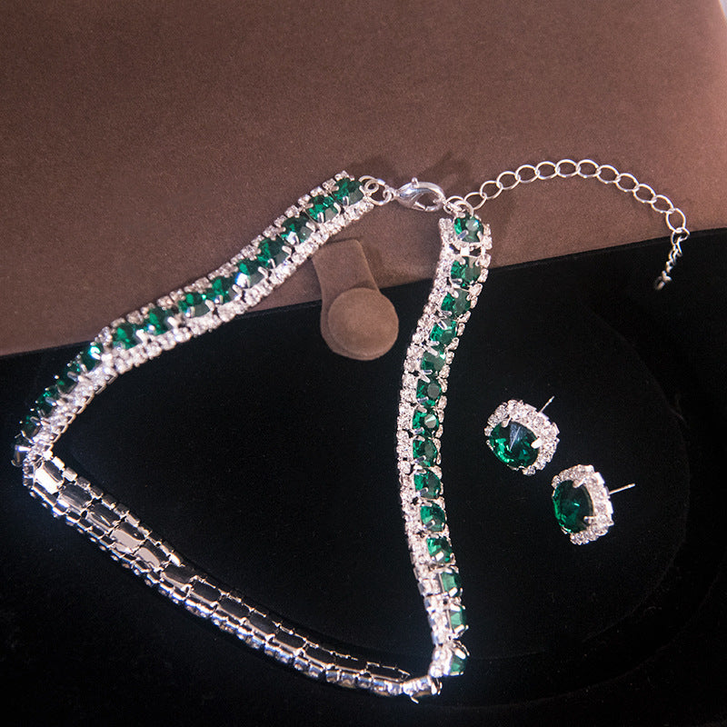 1 set 3 Pieces Minimalist Rhinestone Green Earrings Necklace