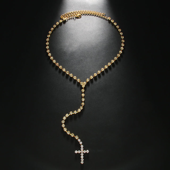 Cool Hip Hop Cross Pendant Rhinestone Long Necklace