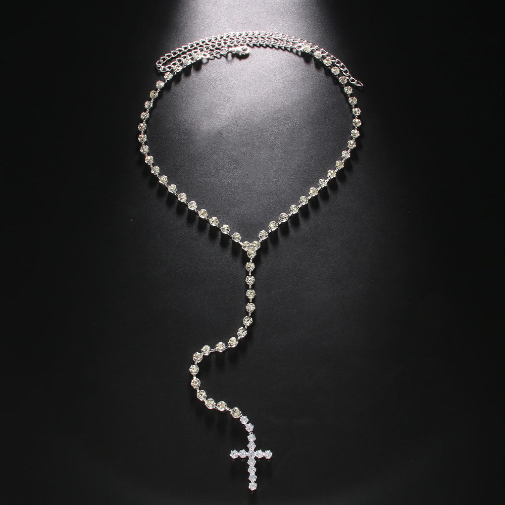 Cool Hip Hop Cross Pendant Rhinestone Long Necklace