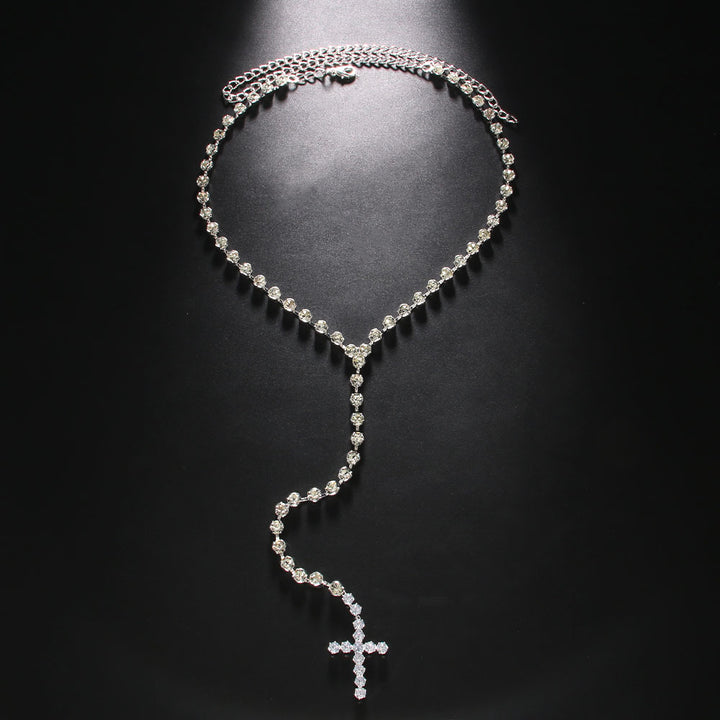 Cool Hip Hop Cross Pendant Rhinestone Long Necklace