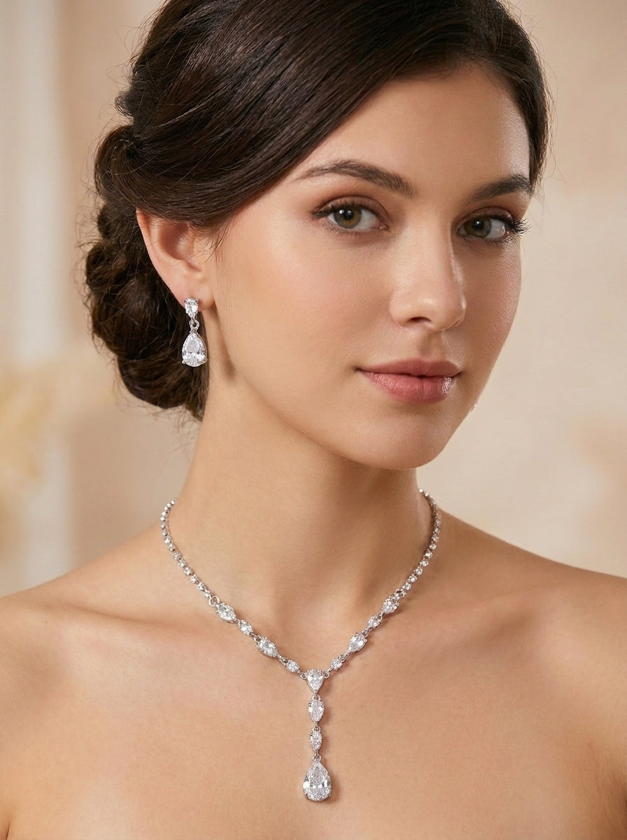1 Set Bridal Jewelry Two-piece Classic Pear Cubic Zirconia Wedding Jewelry For Bride Earrings & Necklace