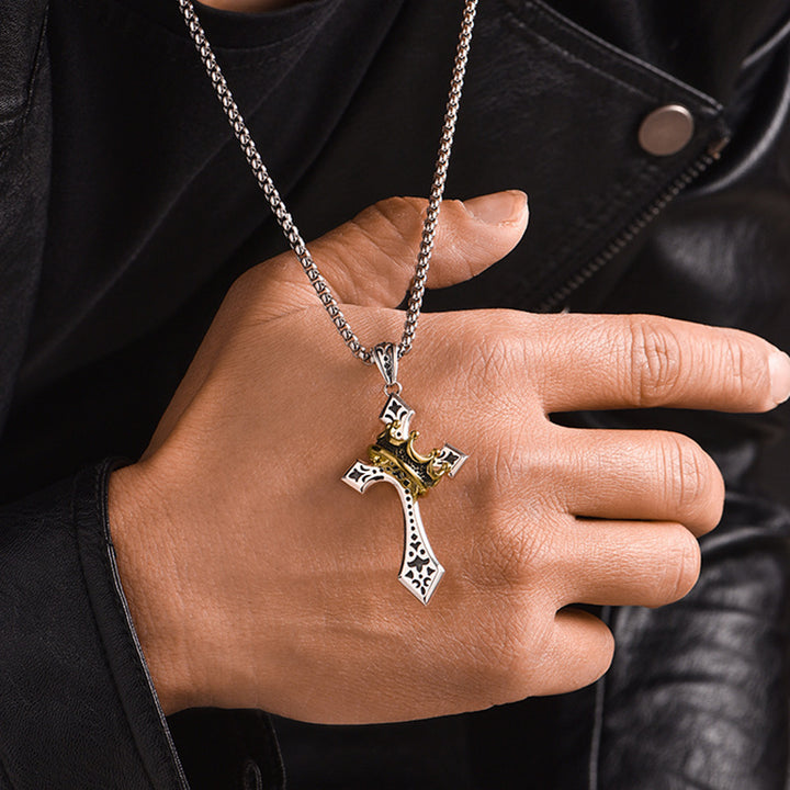 Men's Retro Metal Cross Crown Pendant Necklace