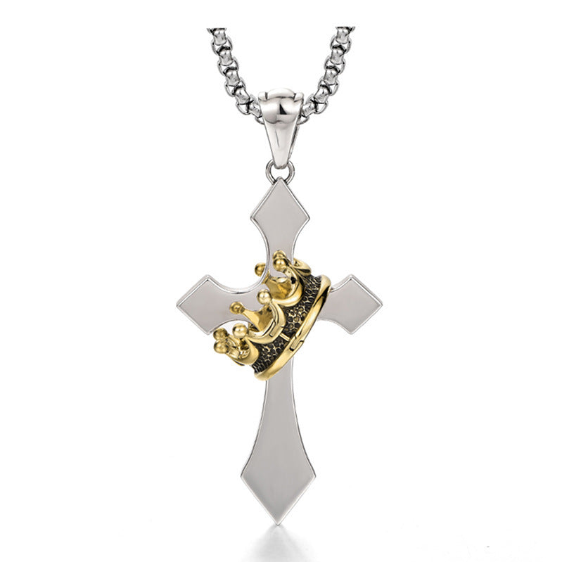 Men's Retro Metal Cross Crown Pendant Necklace