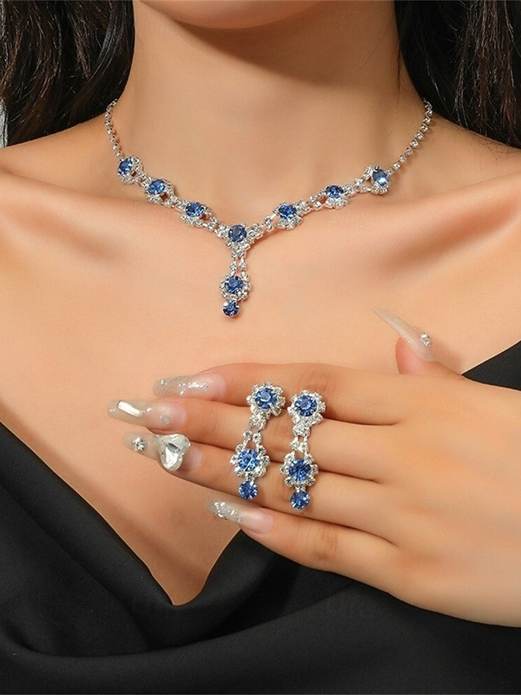 Jewelry Set Two-piece Suit Royal Blue Rhinestone 1 Necklace Earrings Women's Elegant Jewelry Set For Wedding Party 