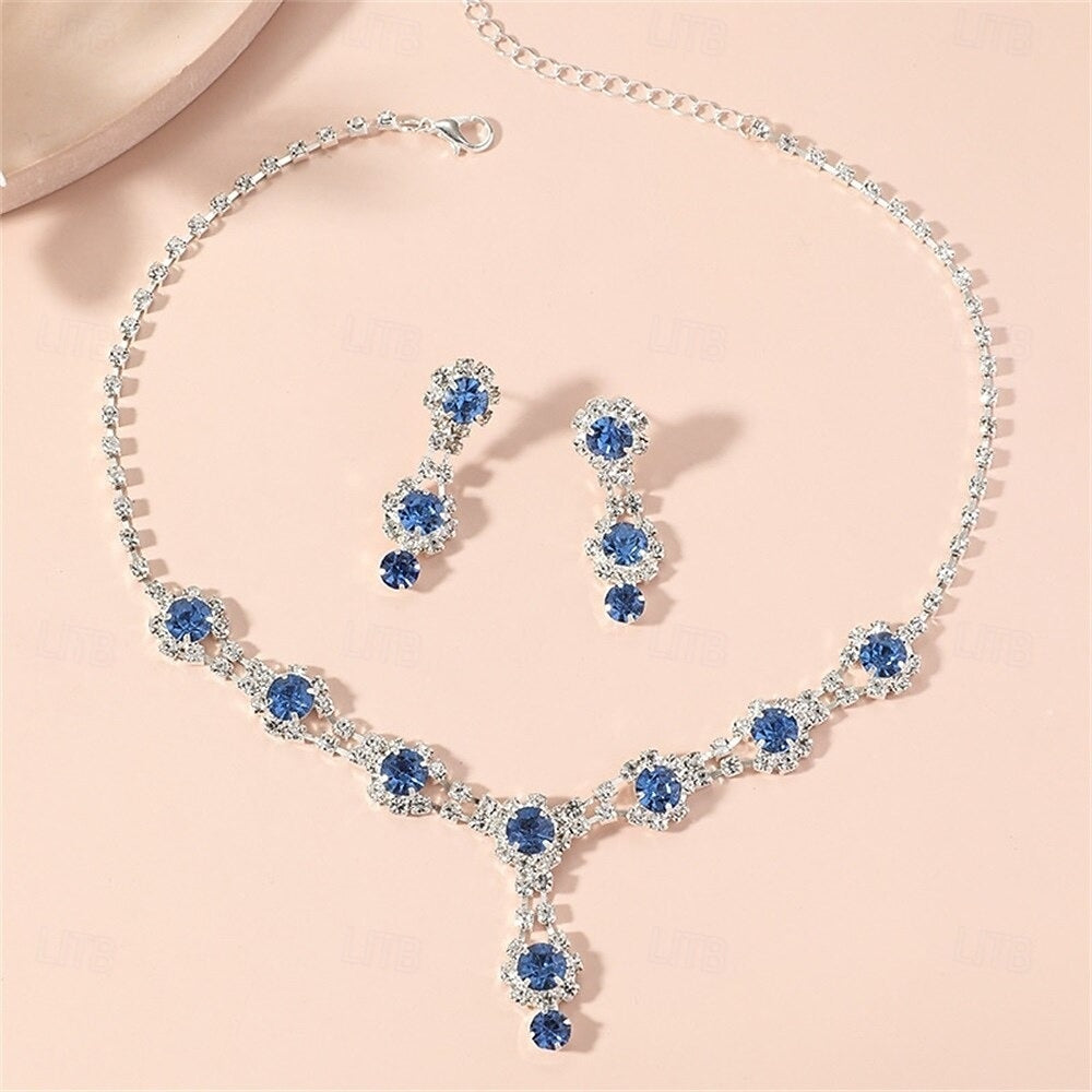 Jewelry Set Two-piece Suit Royal Blue Rhinestone 1 Necklace Earrings Women's Elegant Jewelry Set For Wedding Party 