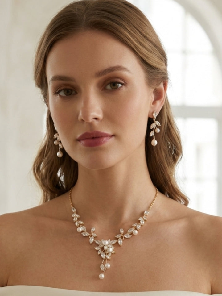 Elegant Leaf Zircon Bridal Jewelry Set – Necklace & Earrings 2-Piece Set