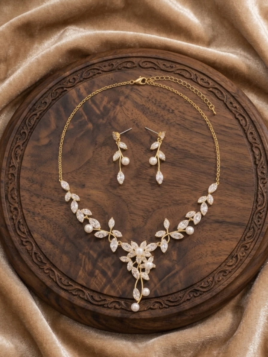 Elegant Leaf Zircon Bridal Jewelry Set – Necklace & Earrings 2-Piece Set