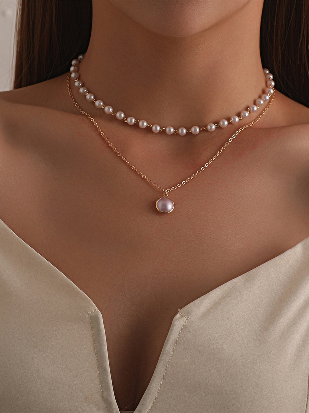 Imitation Pearl Chrome Necklace for Wedding Valentine's Day Daily Double Layered Necklace Wedding Jewelry
