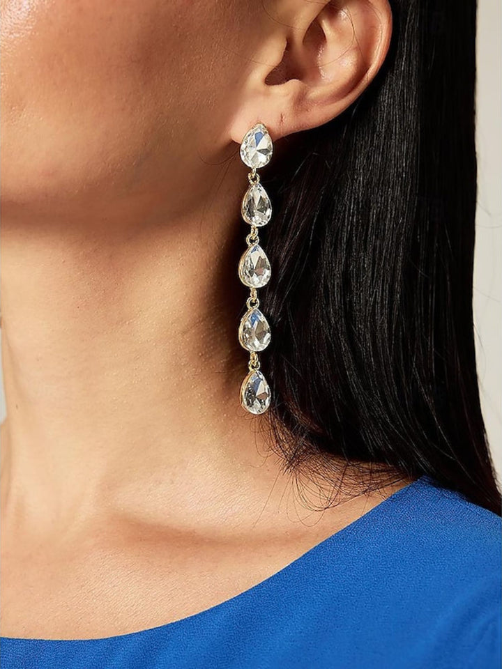 Women's Long Drop Minimalist Earrings with Teardrop Rhinestones