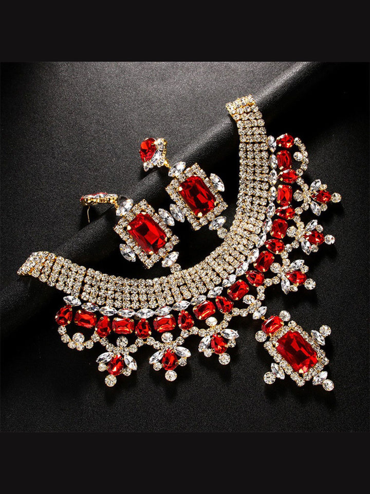 Elegant Luxurious Red Rhinestone Delicated Earring and Necklace Set for Women