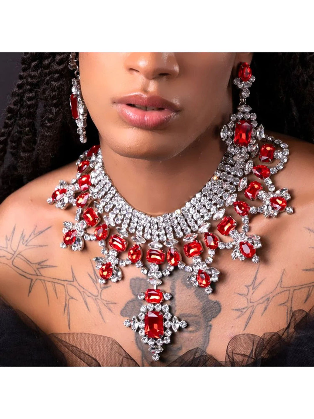 Elegant Luxurious Red Rhinestone Delicated Earring and Necklace Set for Women