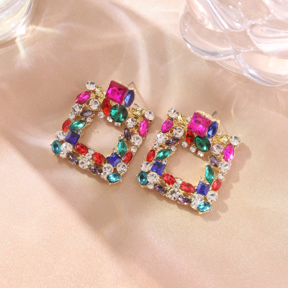 Exaggerated Square Alloy Rhinestone Large Fashion Earrings