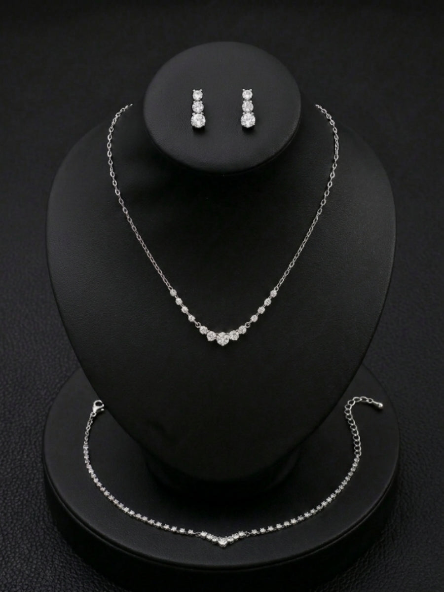 1 set Rhinestone Dainty Wedding Jewelry Three-piece Suit  Necklace Earrings Bracelet  For Bridesmaid