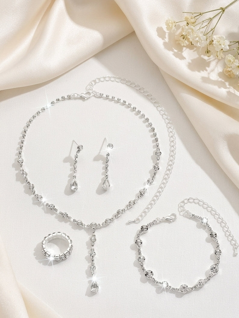 1 set Rhinestone Dainty Wedding Jewelry Four-piece Suit  Necklace Earrings Bracelet Ring  For Bridesmaid