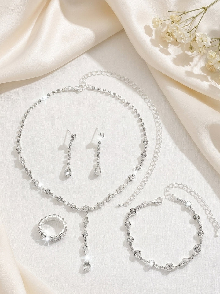 1 set Rhinestone Dainty Wedding Jewelry Four-piece Suit  Necklace Earrings Bracelet Ring  For Bridesmaid