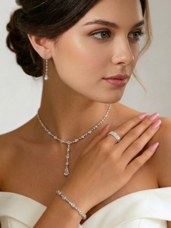 1 set Rhinestone Dainty Wedding Jewelry Four-piece Suit  Necklace Earrings Bracelet Ring  For Bridesmaid