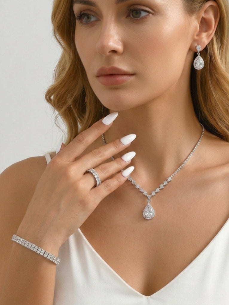 4 Pieces Rhinestone Wedding Jewelry Sets For Bridal & Bridesmaid Earrings & Necklace & Bracelet & Ring