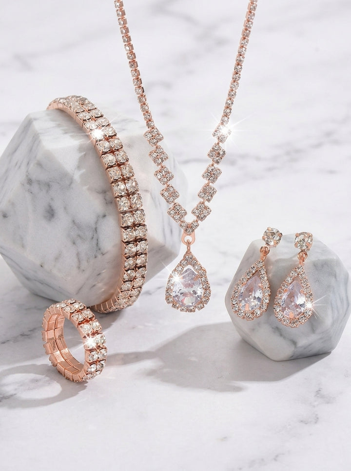 4 Pieces Rhinestone Wedding Jewelry Sets For Bridal & Bridesmaid Earrings & Necklace & Bracelet & Ring