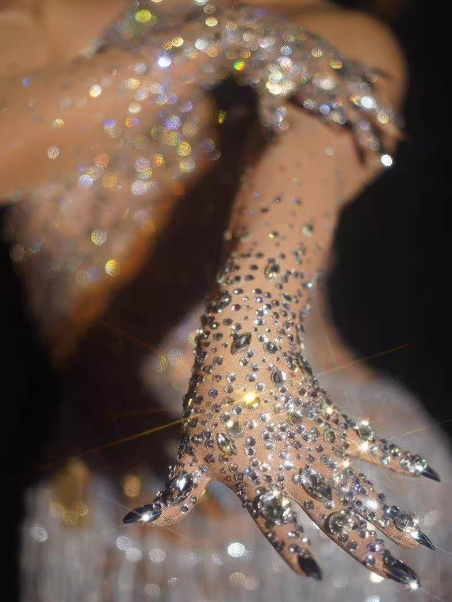 Tulle Elbow Length Glove With Rhinestone Party Glove