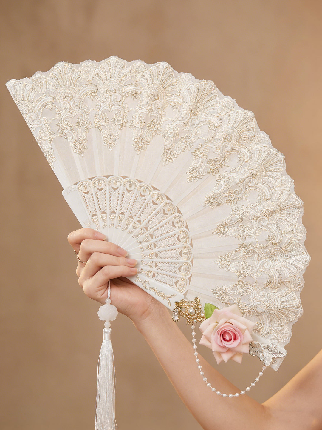 Handmade Elegant Women's Folding Fan with Floral Patterns Plastic Craft