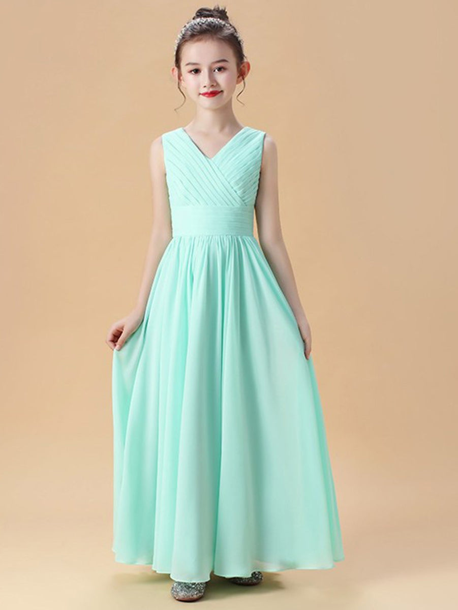 A-Line/Princess V-Neck Sleeveless Ruched Junior Girl Bridesmaid Dresses with Ruffles