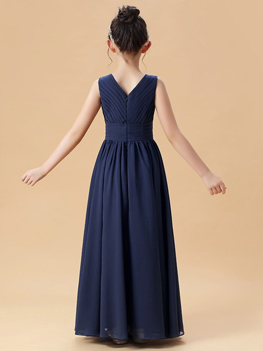 A-Line/Princess V-Neck Sleeveless Ruched Junior Girl Bridesmaid Dresses with Ruffles