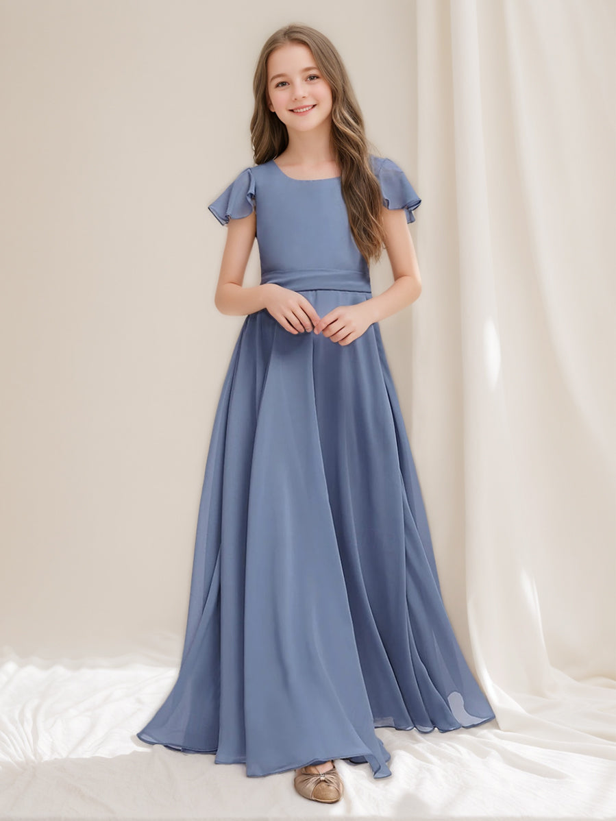 A-Line/Princess Square Neck Short Sleeves Junior Girl Bridesmaid Dresses with Ruffles, Blue