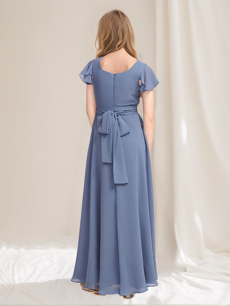 A-Line/Princess Square Neck Short Sleeves Junior Girl Bridesmaid Dresses with Ruffles, Blue A-Line/Princess Square Neck Short Sleeves Junior Girl Bridesmaid Dresses with Ruffles, Blue